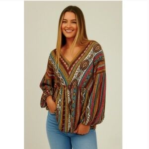 Chenault Bohemian Long Sleeve Peasant Top Printed Festival 70s Retro Vintage
